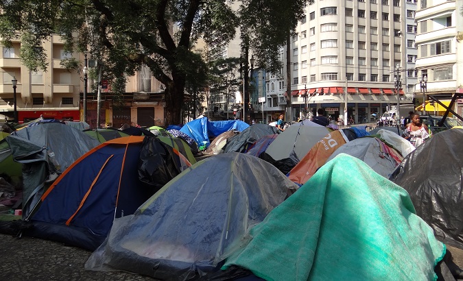 Tents belonging to homeless families in a square in Sao Paulo's downtown, Brazil, June 27, 2018.
