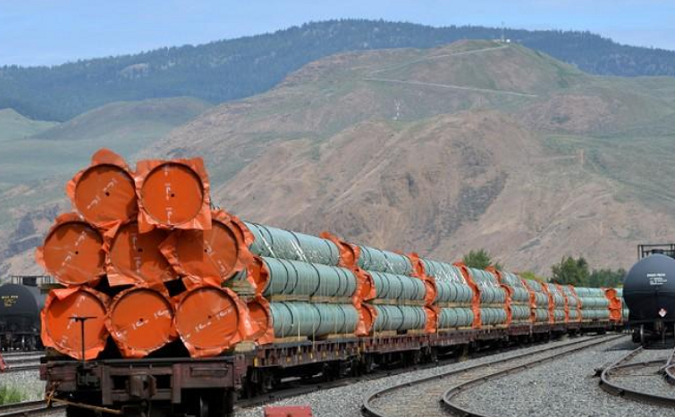 Steel pipe to be used in the Trans Mountain oil pipeline expansion of Kinder Morgan sit on rail cars at a stockpile site in Kamloops, British Columbia, Canada, May 29, 2018.