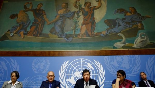 Members of the Independent International Fact-finding Mission on Myanmar attend a news conference on the publication of their final written report at the United Nations in Geneva, Switzerland, August 27, 2018.