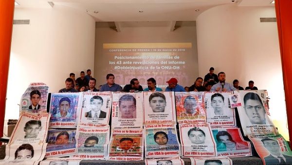 Relatives of the 43 students of Ayotzinapa hold a news conference in Mexico City, March 16, 2018.
