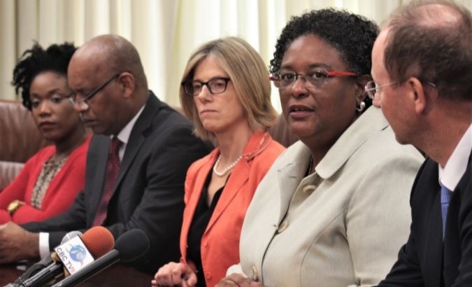 Barbadian Prime Minister Mia Mottley (2nd from right) speaks at a press conference.