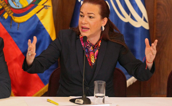 Ecuador's Foreign Minister Maria Fernanda Espinosa addressing the media in Quito, Ecuador Jan. 11, 2018.