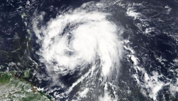 Hurricane Maria is shown on satellite over the Caribbean.