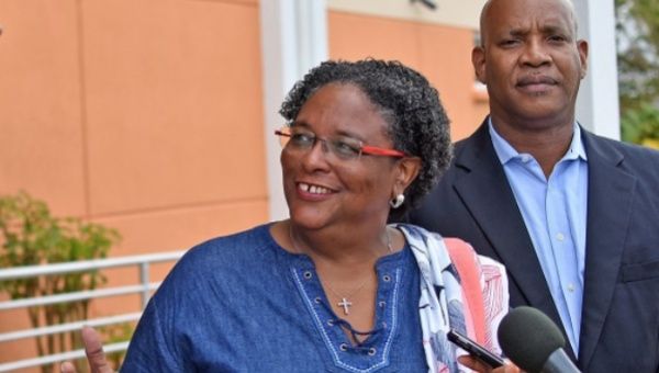 Mia Mottley, the Prime Minister of Barbados, speaks at a press conference.