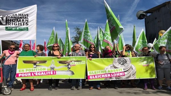 People rallied in the capital of Switzerland, Bern demanding an end to the wage gap on Sept. 22, 2018.