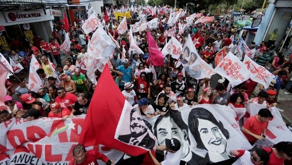 Supporters of Brazilian presidential candidate Fernando Haddad (not pictured) attend a campaign rally in Manaus, Brazil Sept. 29, 2018.