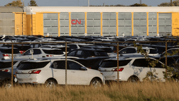 Chevrolet Equinox SUVs await shipment by CN Rail next to the GM CAMI assembly plant in Ingersoll, Ontario, Canada Oct. 13, 2017. 