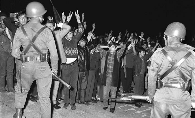 Protesters threatened by Mexican state forces on Oct. 2, 1968.