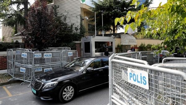 A car leaves Saudi Arabia's consulate in Istanbul, Turkey, Oct. 3, 2018. 