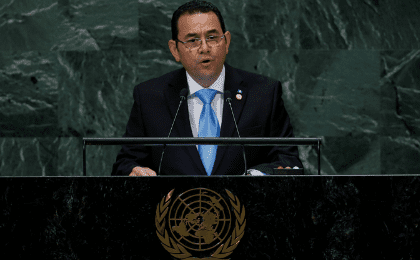 Guatemalan President Jimmy Morales addresses the 73rd session of the U.N. General Assembly in New York, U.S., Sept. 25, 2018. 