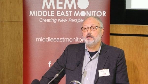 Saudi dissident Jamal Khashoggi speaks at an event hosted by Middle East Monitor in London Britain, Sept. 29, 2018.