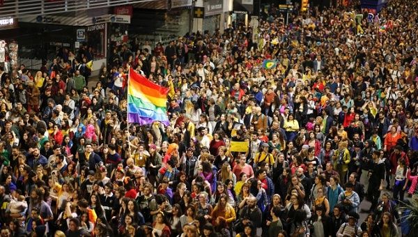 Members of the lesbian, gay, bisexual and transgender (LGBT) community and residents participate in the annual Diversity March in downtown Montevideo, Uruguay September 28, 2018. 