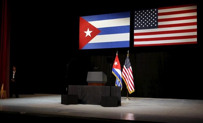The stage is set with Cuban and U.S. flags before President Obama addresses Cubans from the stage in Havana Mar. 22, 2016.