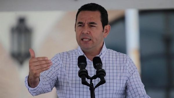 Guatemalan President Jimmy Morales giving a press conference about the actions taken to sent back migrant Hondurans to their country. October 20, 2018.