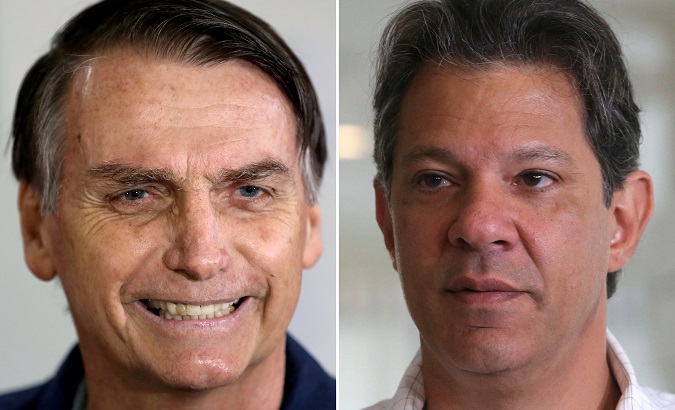 A combination of file photos shows presidential candidates Jair Bolsonaro and Fernando Haddad.