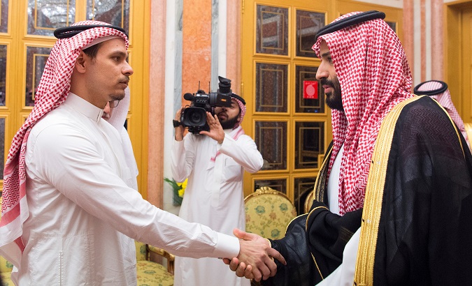 Saudi Crown Prince Mohammed bin Salman meets with Salah Khashoggi in Riyadh, Saudi Arabia. October 23, 2018.