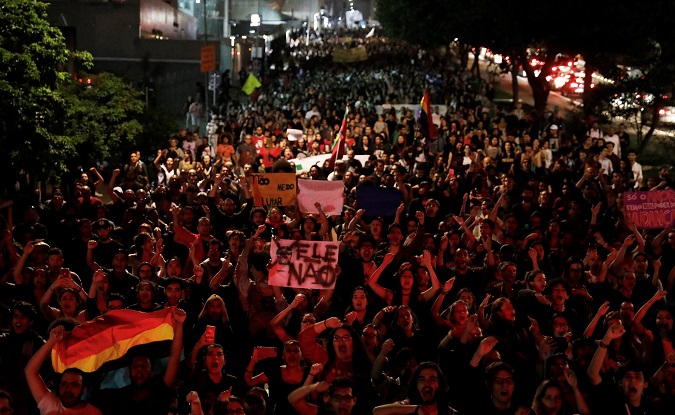 Students attend a demonstration of resistance against Brazil's president-elect Jair Bolsonaro in Sao Paulo, Brazil October 30, 2018.