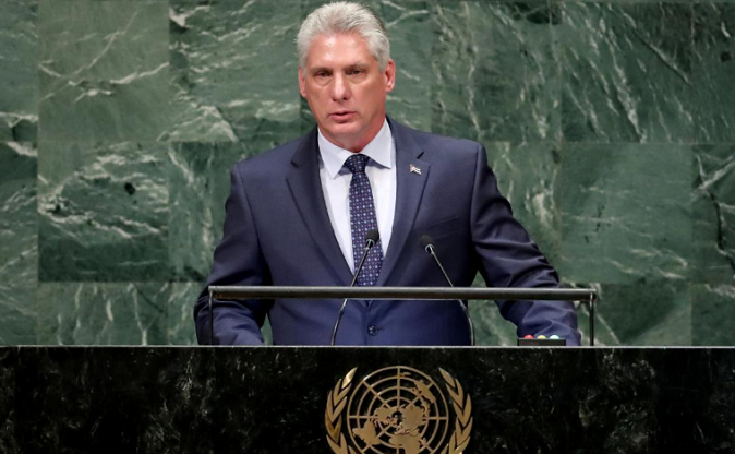 Cuba's President Miguel Diaz-Canel speaking during the 73rd session of the U.N. General Assembly in New York, on Sep. 26, 2018.