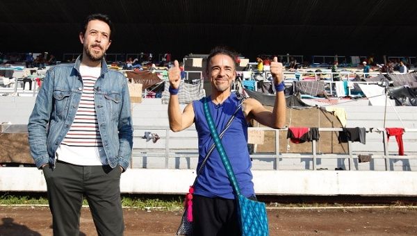 Ruben Albarran and Emmanuel del Real, part of the Mexican group Cafe Tacvba visited the Central American Exodus migrants caravan.