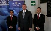 Interior Minister Enrique Degenhart (C) and his deputy ministers Kamilo Rivera (L) and Manuel Castellanos (R) after being sworn in. Guatemala City, Guatemala. Jan. 26, 2018.