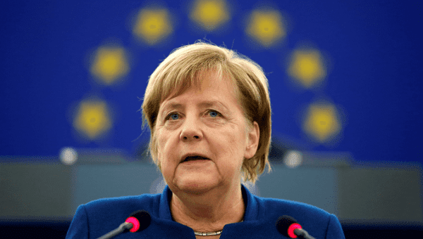 German Chancellor Merkel addresses the European Parliament during a debate on the future of Europe.