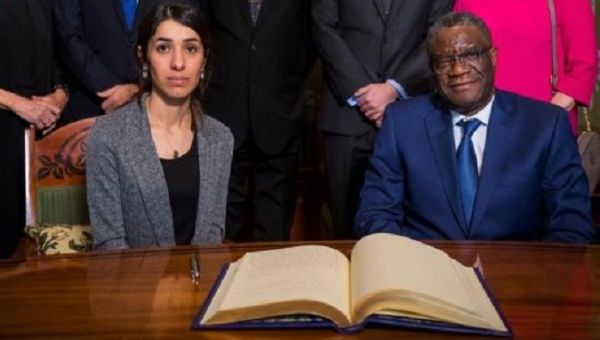 Denis Mukwege is a doctor who helps victims of sexual violence in the Democratic Republic of Congo; Nadia Murad is a Yazidi rights activist and survivor of sexual slavery by Islamic State.