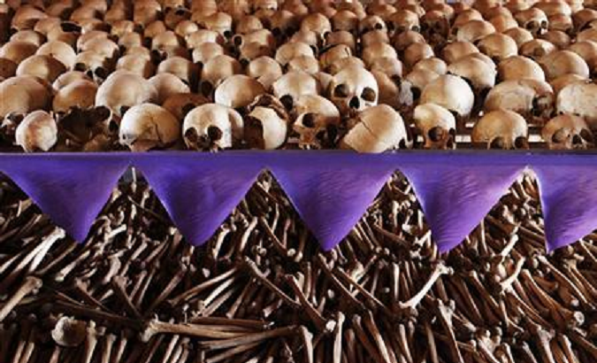 Rwandan victims' skulls and bones rest inside the church at Ntarama, Rwanda.