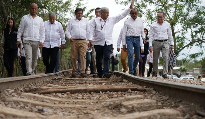 AMLO waves during the ribbon cutting ceremony of Mayan Train in Palenque site in Chiaps. Dec. 16, 2018