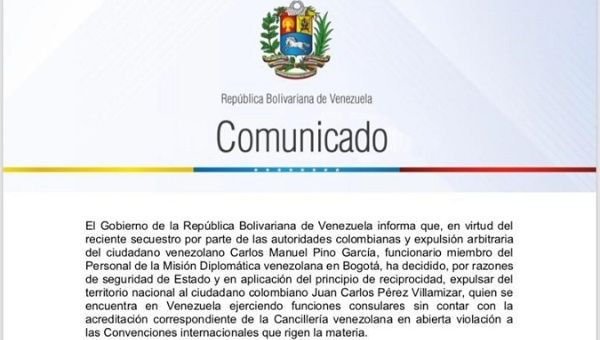 Venezuela has expelled a Colombian official in a diplomatic reciprocity measure.