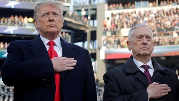U.S. President Donald Trump and U.S. Defense Secretary Jim Mattis attend the 119th Army-Navy football game at Lincoln Financial Field in Philadelphia, Pennsylvania. Dec. 8, 2018. REUTERS/Jim Young/File Photo.