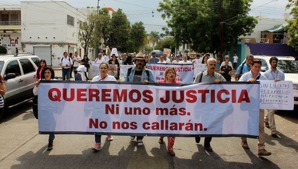 Journalists in Culiacan, Sinaloa, march on Freedom of the Press Day a month after the murder of journalist Javier Valdez. Mexico June, 7. 2017.