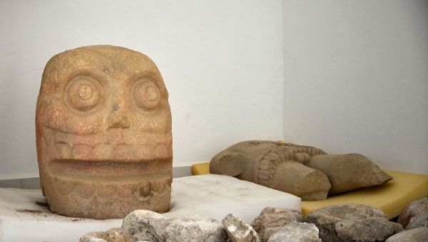 An sculpture of Xipe Totec ('Flayed Lord'), a pre-Columbian god of fertility and regeneration, is seen as part of the discovery of a temple at the archeological site of Ndachjian-Tehuacan, in Tehuacan, Puebla state, Mexico October 12, 2018. INAH - National Institute of Anthropology and History/Meliton Tapia/Handout.