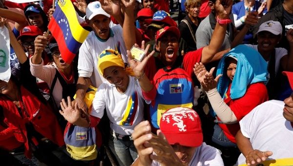 Supporters of Venezuela's President Nicolas Maduro gather around Supreme Court during his swearing-in ceremony, in Caracas, Venezuela Jan. 10, 2019.
