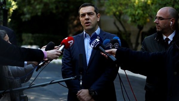 Greek Prime Minister Alexis Tsipras makes statements to the press after his meeting with former coalition partner Panos Kammenos in Athens, Greece, Jan.13, 2019.