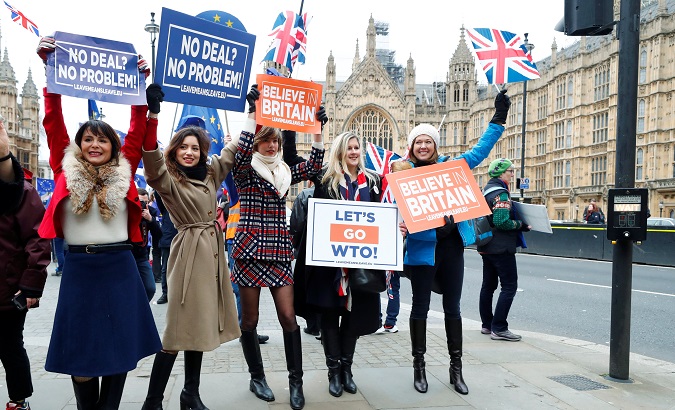 Pro-Brexit protesters demonstrate outside the Houses of Parliament in London, Britain, Jan. 15, 2019.