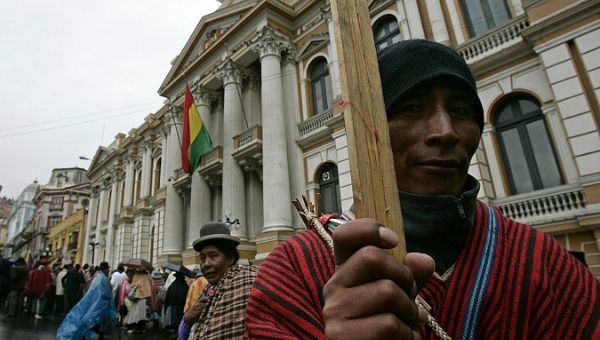 A group of indigenous farmers standing in front of the Congress in La Paz, Bolivia.