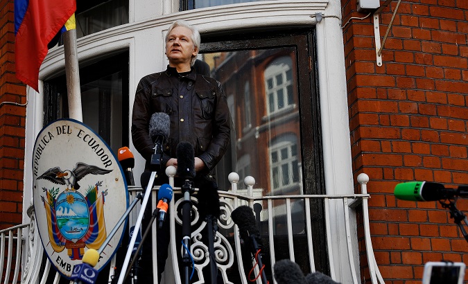 WikiLeaks founder Julian Assange is seen on the balcony of the Ecuadorian Embassy in London, Britain, May 19, 2017.