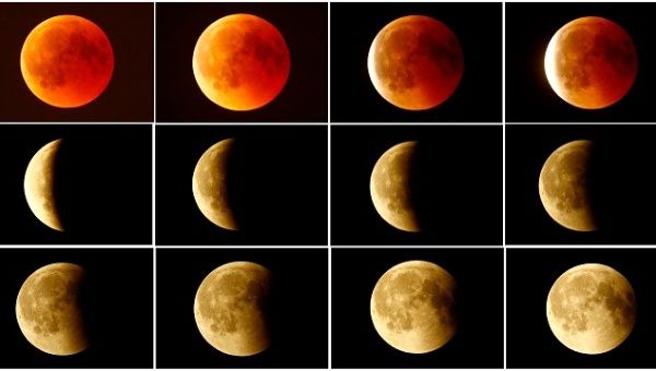  A combination photo shows the lunar eclipse from a blood moon (top L) back to full moon (bottom right) in the sky over Frankfurt, Germany, July 27, 2018.