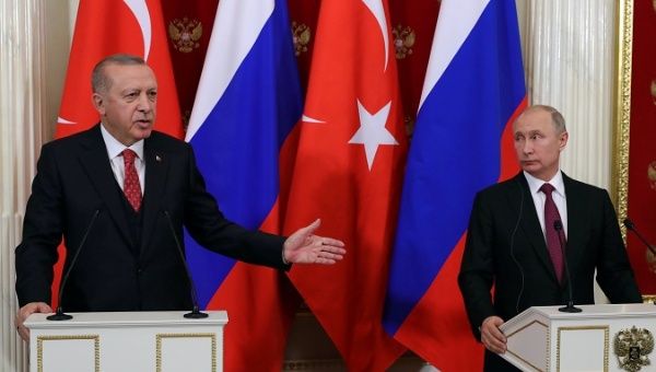 Russian President Vladimir Putin (R) and his Turkish counterpart Tayyip Erdogan (L) attend a news conference after their meeting at the Kremlin in Moscow, Russia January 23, 2019. 