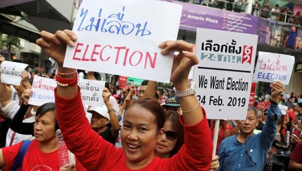 Activist and university students gather to demand the first election in Thailand since the military seized power in a 2014 coup.
