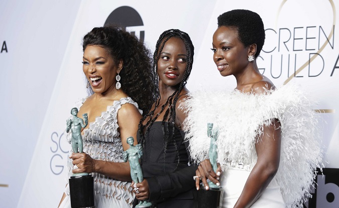 Angela Bassett, Lupita Nyong'o and Danai Gurira pose backstage with their Outstanding Performance by a Cast in a Motion Picture for 
