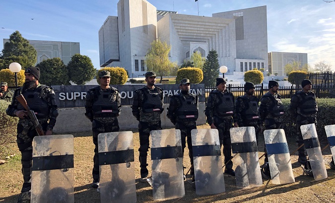 Paramilitary soldiers stand guard outside the Supreme Court building in Islamabad, Pakistan Jan. 29, 2019.