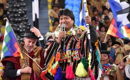 Bolivia's President Evo Morales accompanied by Vice President Alvaro Garcia Linera speaks during a rally in El Alto outskirts La Paz, Bolivia, January 23, 2019.