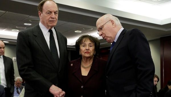 U.S. Senators Richard Shelby (R-AL) and Patrick Leahy (D-VT) talk with House Appropriations Committee Chair Rep. Nita Lowey (D-NY).