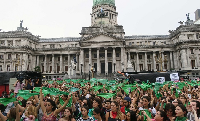 Women request safe, legal and free abortion in front of the Congress in Buenos Aires, Argentina, Feb. 19, 2018.