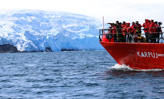 The Chilean Antarctic Institute’s scientific vessel is seen in front of the Collins Glacier, Antarctica, Chile, Feb. 2, 2019.