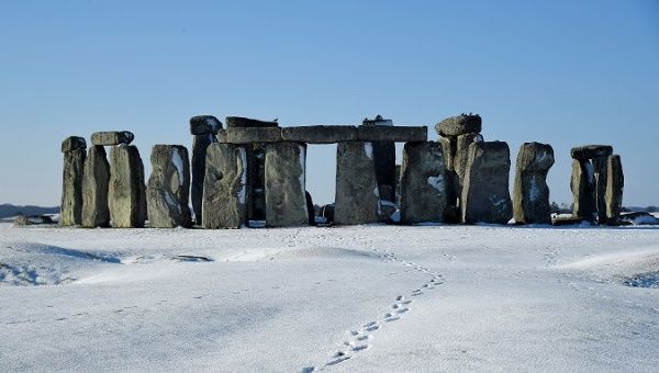 Stonehenge is seen in the snow in southwest Britain. 
