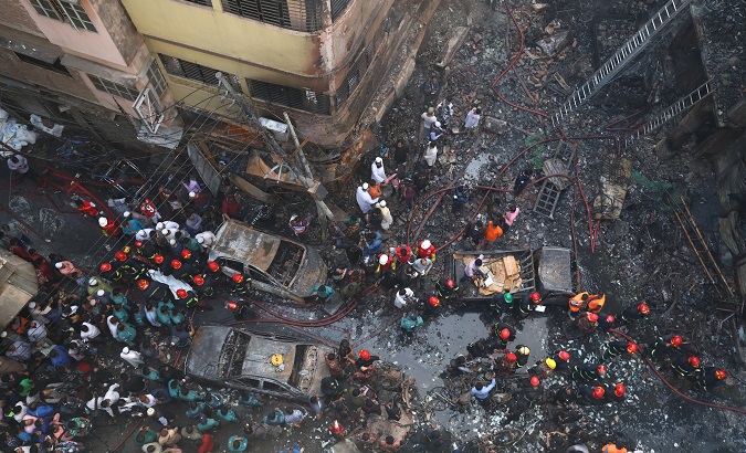 General view outside the burnt warehouse at Chawkbazar in Dhaka, Bangladesh, Feb. 21, 2019.