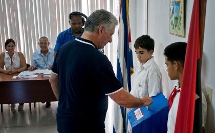 Cuba's President Miguel Diaz-Canel casts his vote during the referendum to approve the constitutional reform in Havana, Cuba, Feb. 24, 2019. 