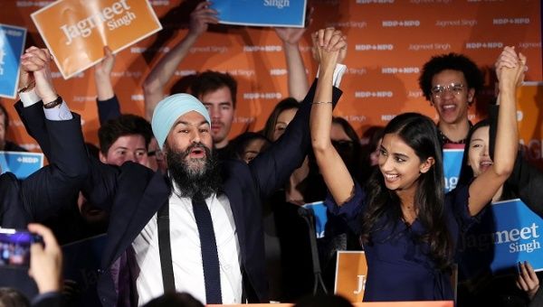 The leader of the New Democratic Party (NDP) Jagmeet Singh celebrates with his wife Gurkiran Kaur Sidhu at the Burnaby South by-election in Burnaby, British Columbia, Canada, February 25, 2019. 
